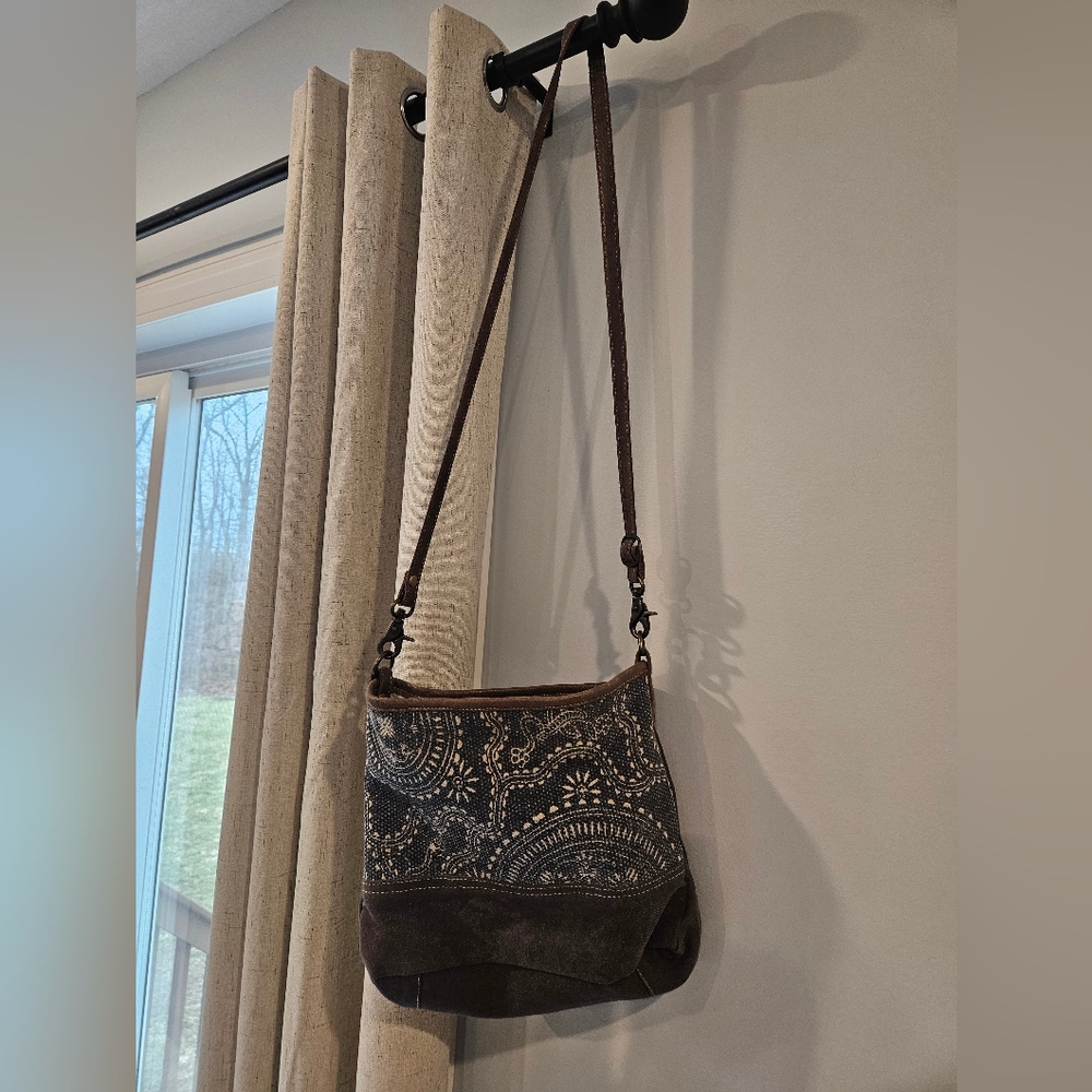 Myra Bag Brown Boho Crossbody with Patterned Panel